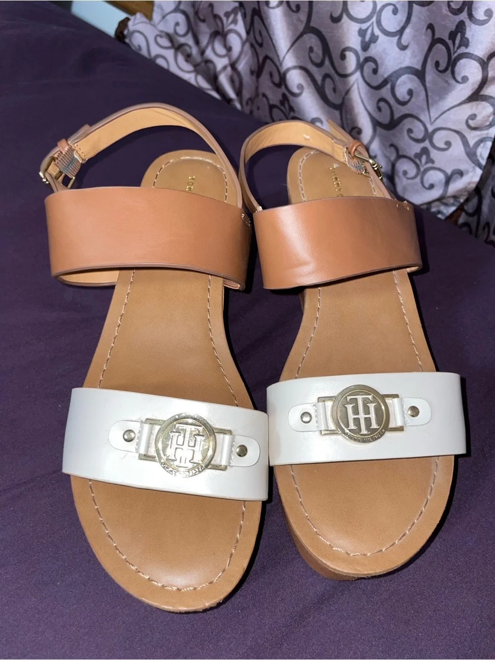 Tommy Hilfiger White and Tan Platform Wedge Sandals